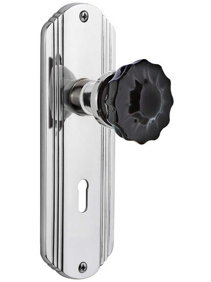 Streamline Deco Mortise Lock Set with Colored Fluted Crystal Glass Knobs Black in Polished Chrome.